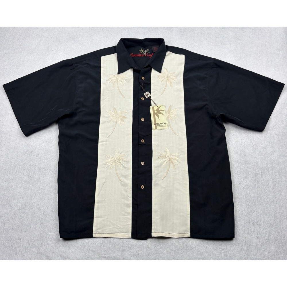 Bamboo Cay Mens XXL Black Cream Palm Tree Embroidered Resort Shirt WB2002RE NEW